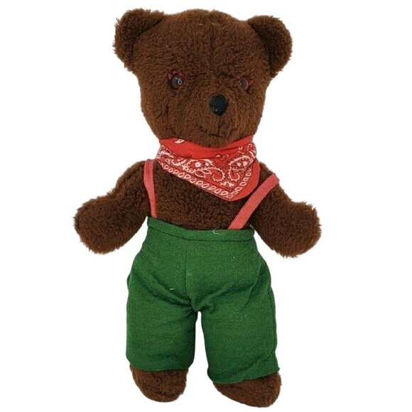 Vtg 1980s L.L. Bean Teddy Bear 15” Brown Plush in Green Felt Pants & Red Bandana - Picture 1 of 3